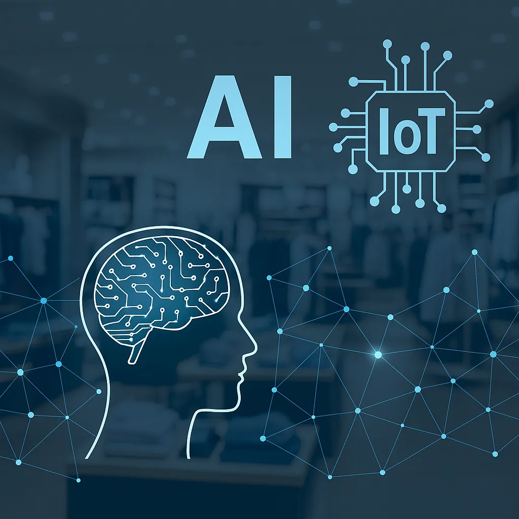 AI and IoT digital interface overlaid on a modern retail store background with a wireframe brain and neural network connections.