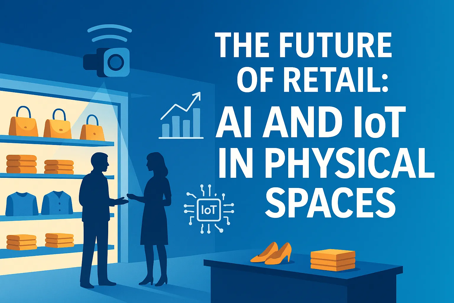 Smart retail store illustration showing AI camera, IoT icons, and analytics overlay in a modern fashion shop environment