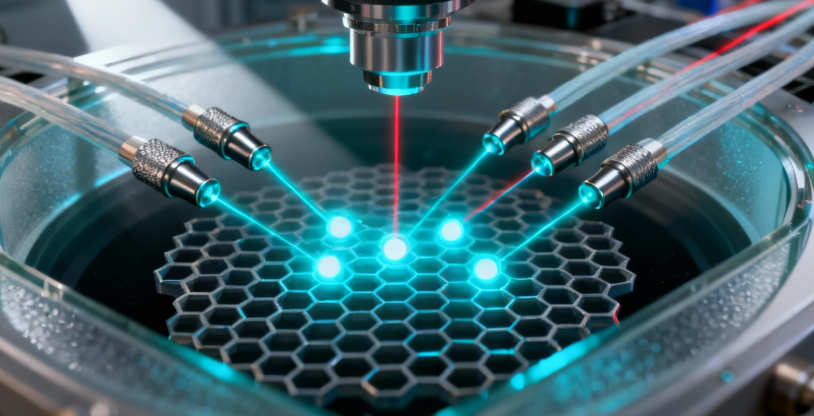 Laser apparatus trapping neutral atoms in a quantum computing lab, as used for large qubit arrays
